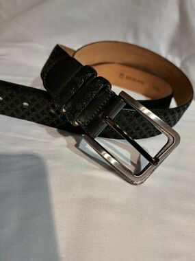 Mezlan Black Patterned Leather Belt with Polished Silver Buckle